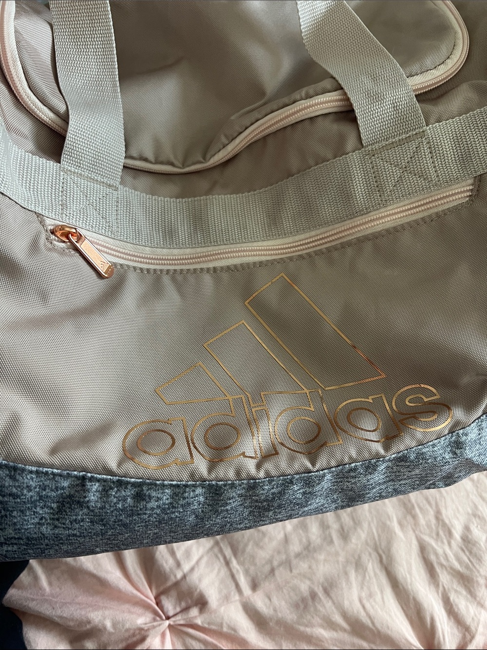 adidas Blush Pink and Heather Gray Gym Duffel with Rose Gold Logo - Picture 3 of 4